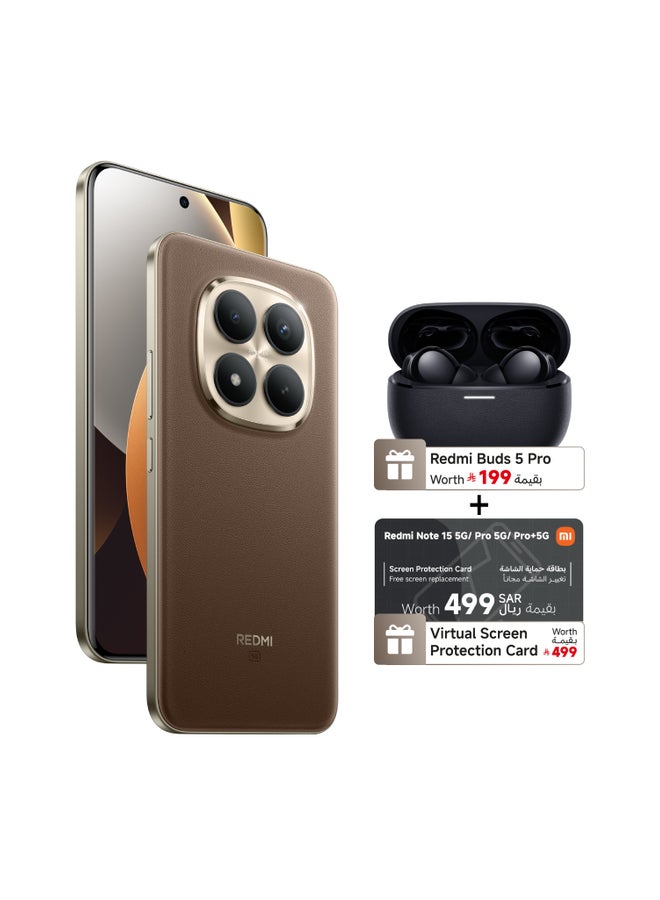 شاومي ريدمي نوت 15 برو+ 5G بشريحتين + eSIM باللون البني موكا، ذاكرة رام 12 جيجابايت وذاكرة داخلية 512 جيجابايت، يدعم تقنية 5G – إصدار عالمي مع هدايا مجانية (سماعات Buds 5 Pro + بطاقة افتراضية لحماية الشاشة) - Image 1
