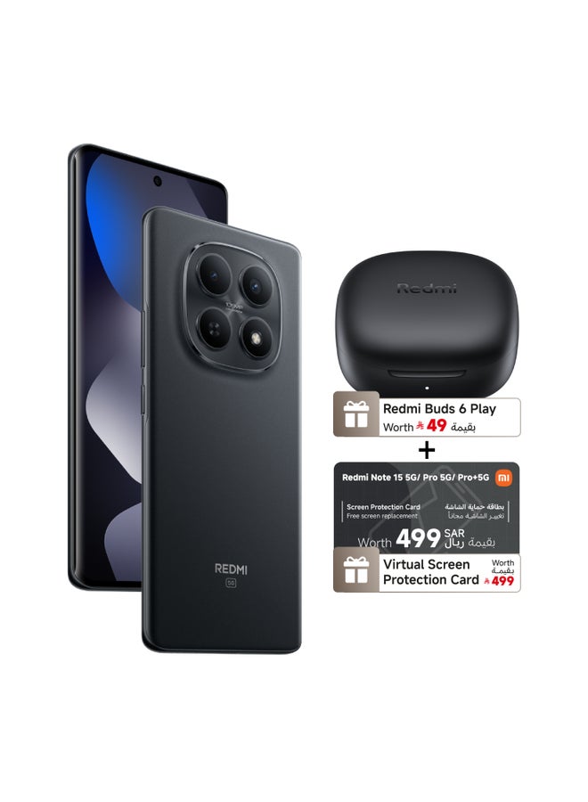 شاومي ريدمي نوت 15 5G بشريحتين باللون الأسود، ذاكرة رام 8 جيجابايت وذاكرة داخلية 256 جيجابايت، يدعم تقنية 5G – إصدار عالمي مع هدايا مجانية (سماعات Buds 6 Play + بطاقة افتراضية لحماية الشاشة) - Image 1