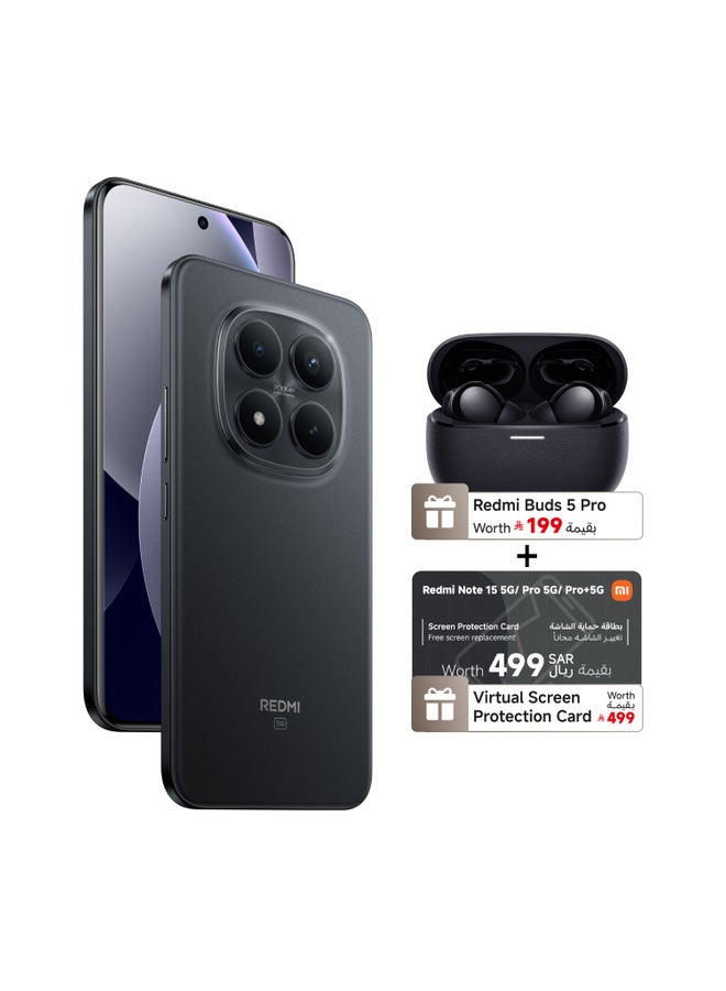 شاومي ريدمي نوت 15 برو+ 5G بشريحتين + eSIM باللون الأسود، ذاكرة رام 12 جيجابايت وذاكرة داخلية 512 جيجابايت، يدعم تقنية 5G – إصدار عالمي مع هدايا مجانية (سماعات Buds 5 Pro + بطاقة افتراضية لحماية الشاشة) - Image 1