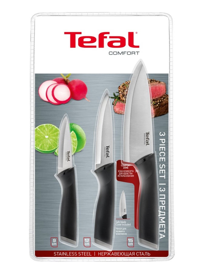 تيفال Comfort  3-Piece Knives Set | Paring 9 cm + Chef 15 cm + Utility 12 cm | Knives to Cut, Slice and Chop All Types of Food, Fruits, Vegetables&Meats | Stainless Steel Blades | High Cutting Performance | Ergonomic Handle | Soft Touch | Safe Cover Blade | K221S375 Stainless steel 9 & 12 & 15cm - Image 1