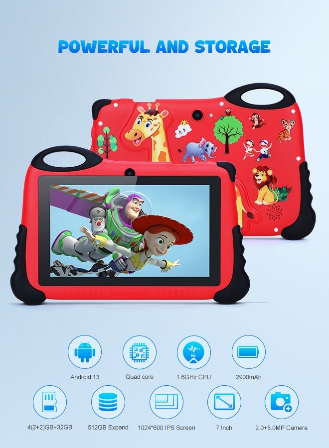 سي آيديا C idea Tablet for Kids Age 3-7,Android 13 Kids Tablet for Toddler,7" Children Tablet with Case/WiFi/4GB RAM 32GB ROM(512GB TF) HD IPS Safety Eye Protection for Boys and Girls Gift (Red) - Image 4