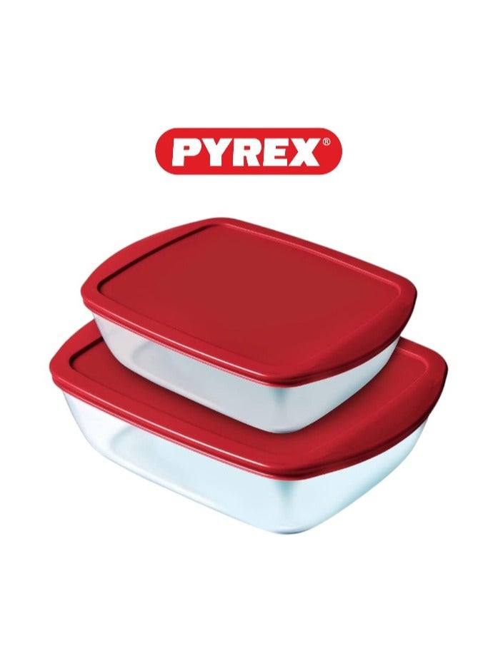 Pyrex Cook&Store-Set Of 2 Rectangular Dishes With Red Lids-1,2+2.5L " 23x15x7cm & 28x20x8 cm"cm - Image 1