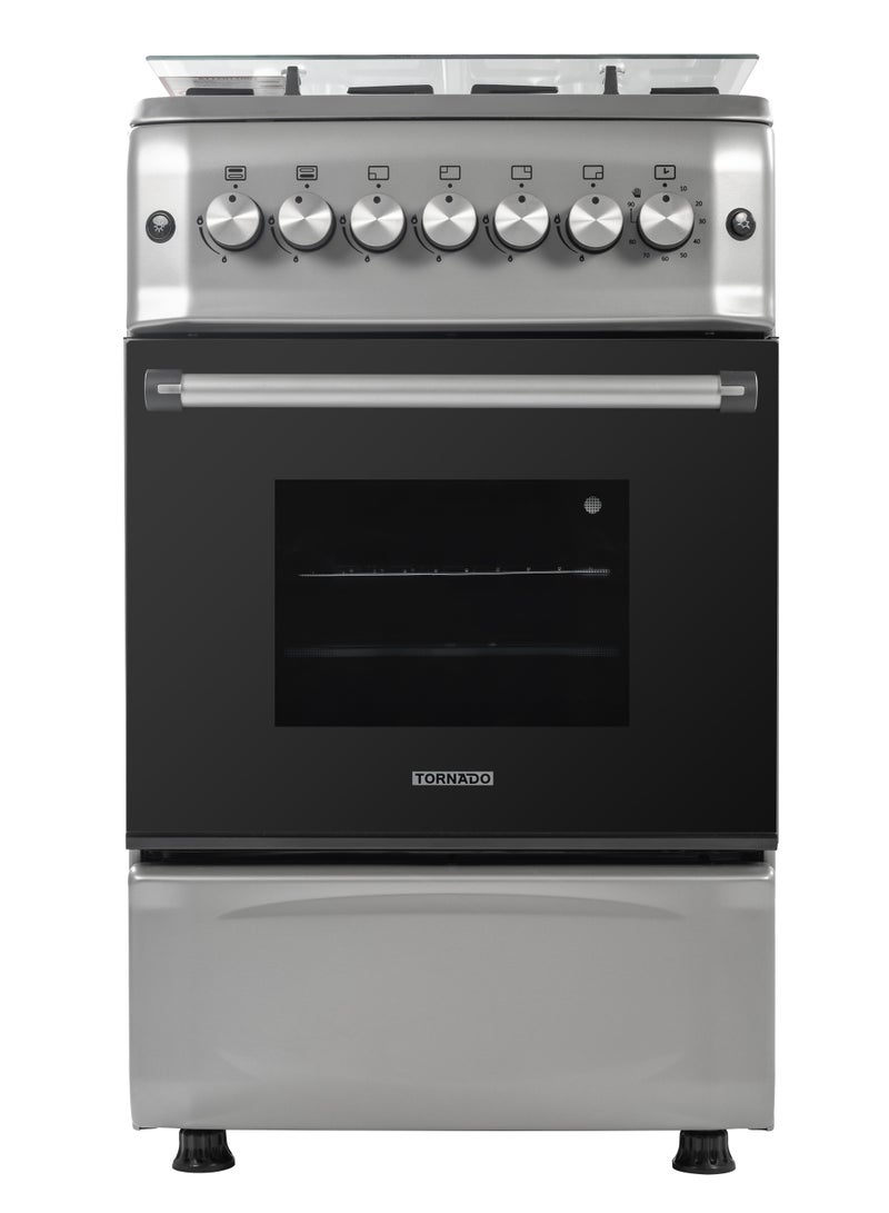 Tornado 50x55cm Freestanding Cooker, Full Gas Cooking Range with 4 Burners, Automatic Ignition & full Safety, Cast Iron Pan Support, Stainless Steel Finish, Separate Knob, Turkey, 5T40BBS2W01AE 5T40BBS2W01AE Stainless steel - Image 1