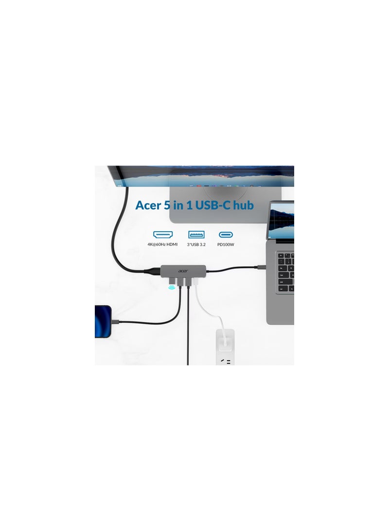 Acer 5-in-1 USB-C Hub,  3 x  USB 3.0 5Gbps Ports, 1 x HDMI Port (4K@60Hz), 1 x USB-C 100W PD Port, silver - Image 3