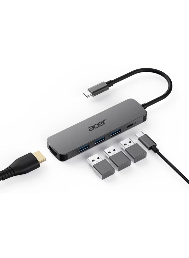 أيسر Acer 5-in-1 USB-C Hub,  3 x  USB 3.0 5Gbps Ports, 1 x HDMI Port (4K@60Hz), 1 x USB-C 100W PD Port, silver - Image 2