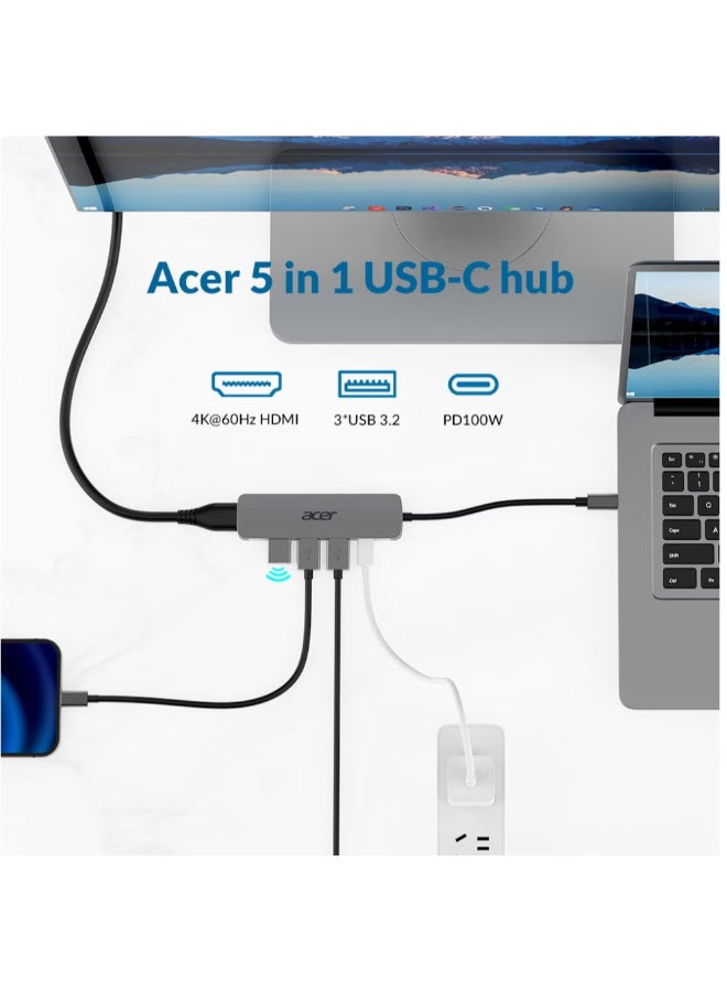 أيسر Acer 5-in-1 USB-C Hub,  3 x  USB 3.0 5Gbps Ports, 1 x HDMI Port (4K@60Hz), 1 x USB-C 100W PD Port, silver - Image 3