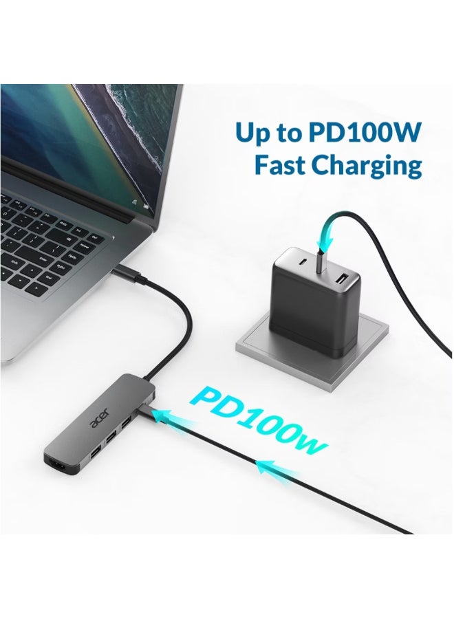 أيسر Acer 5-in-1 USB-C Hub,  3 x  USB 3.0 5Gbps Ports, 1 x HDMI Port (4K@60Hz), 1 x USB-C 100W PD Port, silver - Image 5