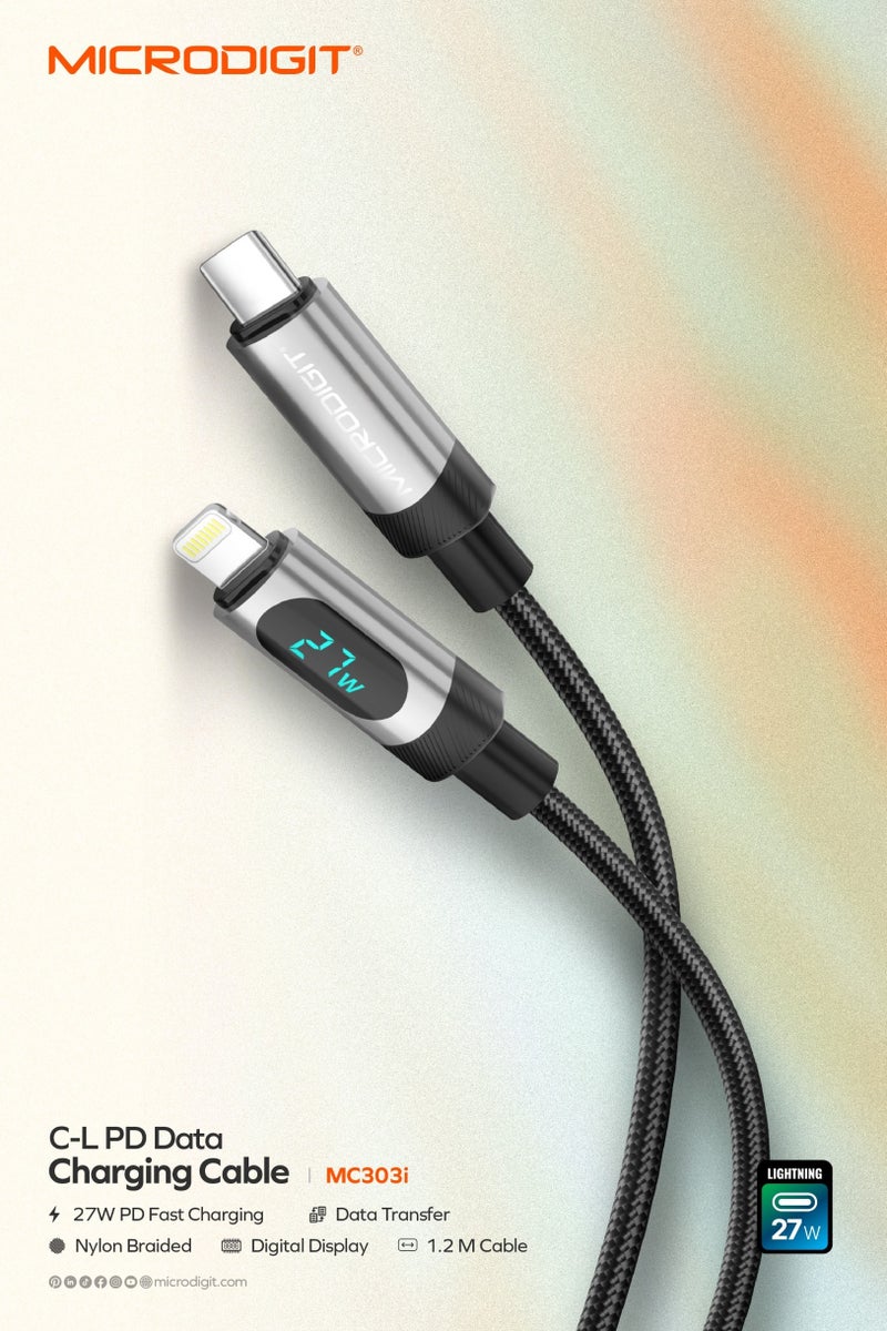 ميكرو ديجيت كابل بريميوم PD نوع C إلى لايتنينغ 27W كابل شحن سريع، نقل بيانات أسرع، 3.1A، 1.2M، كابل مضفر من النايلون مع شاشة رقمية - Image 1