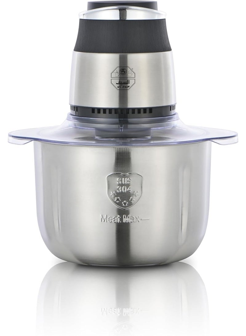 السيف  مفرمة الخضار الكهربائية ALSAIF 800 واط مع وعاء من الفولاذ المقاوم للصدأ و 4 شفرات، محضر طعام للحوم والفواكه والخضروات. سهل التنظيف، 4 لترات، فضي E02431 - Image 1