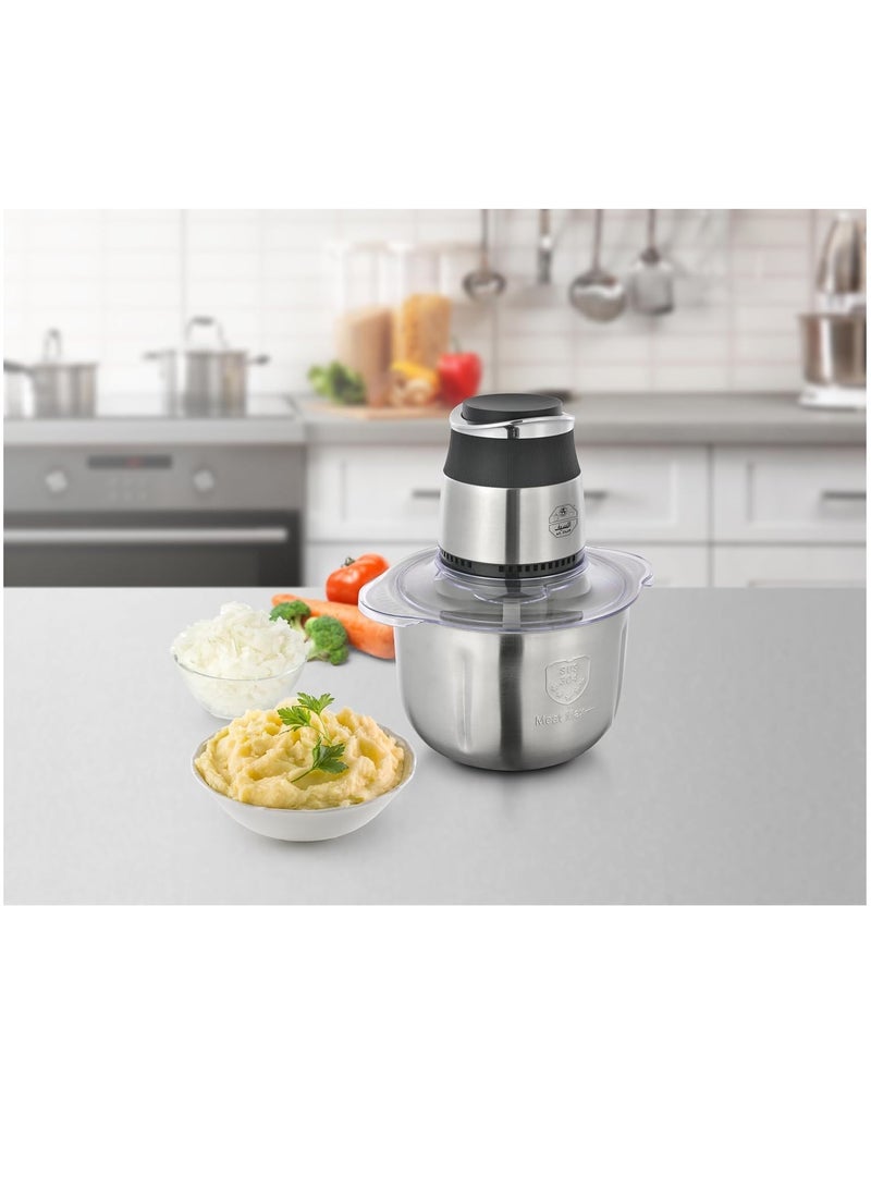 السيف  مفرمة الخضار الكهربائية ALSAIF 800 واط مع وعاء من الفولاذ المقاوم للصدأ و 4 شفرات، محضر طعام للحوم والفواكه والخضروات. سهل التنظيف، 4 لترات، فضي E02431 - Image 2