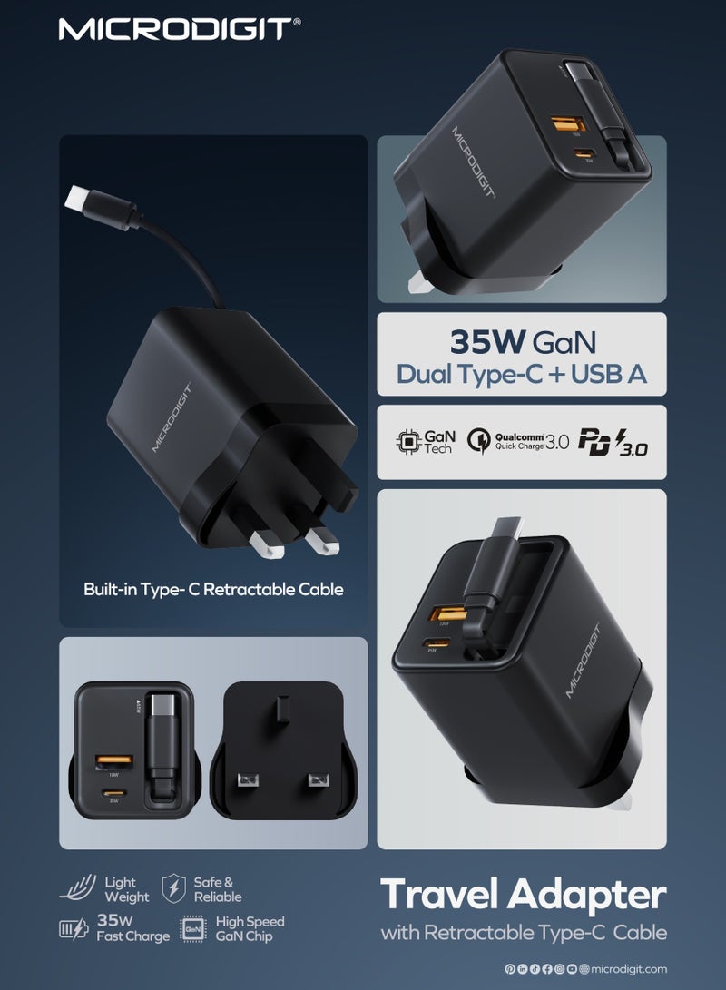 Microdigit MC705GN - 35W Gan Type C + 18W USB A With 65W Retractable Type-C Cable, GaN Technology and PPS 3.3 Support Black - Image 1