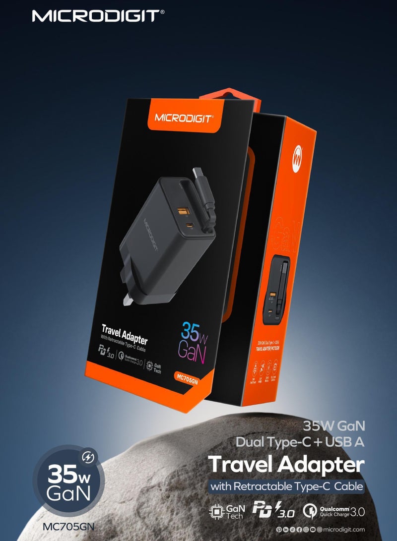 Microdigit MC705GN - 35W Gan Type C + 18W USB A With 65W Retractable Type-C Cable, GaN Technology and PPS 3.3 Support Black - Image 2