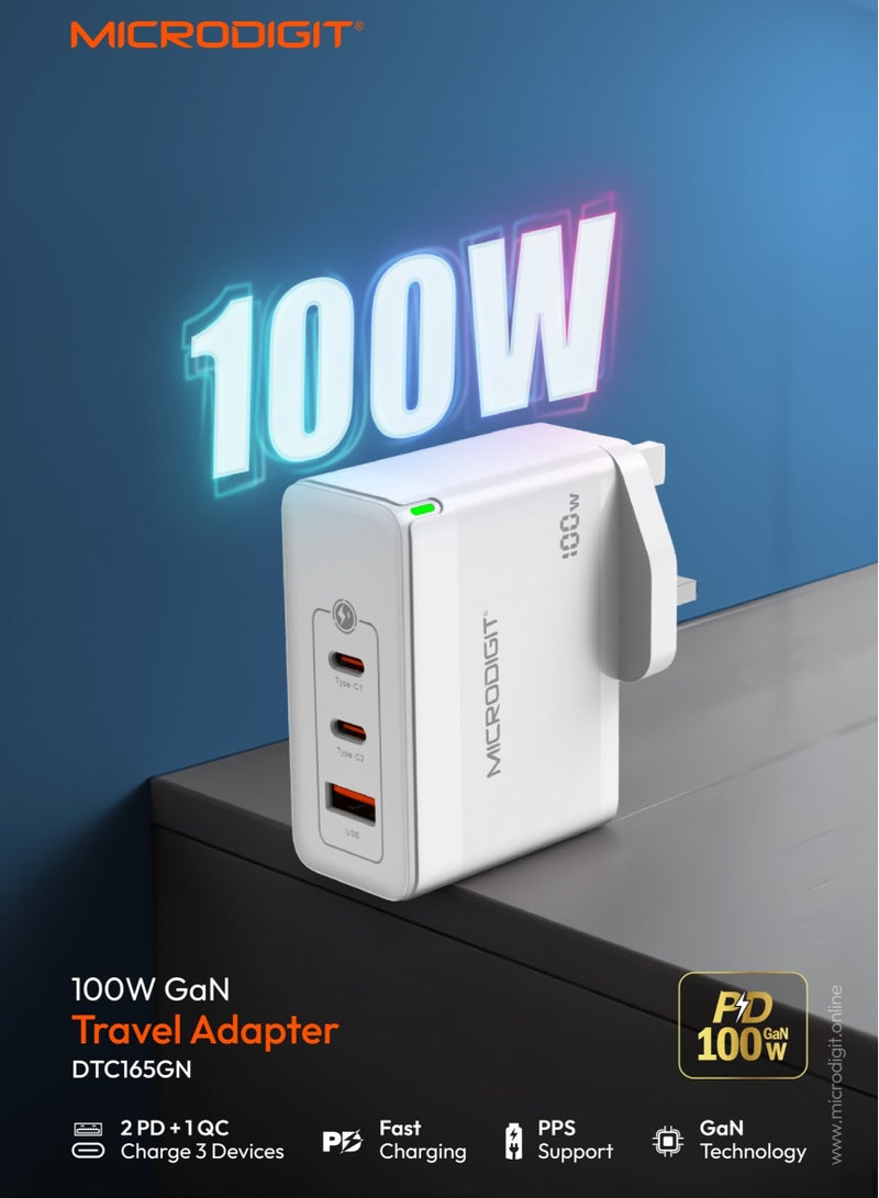 Microdigit DTC165 - 100W Dual PD Type C + 1 QC Fast Wall Charger With GaN Technology and PPS 3.3 Support White - Image 1