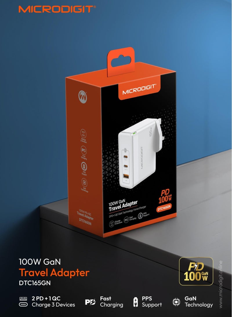Microdigit DTC165 - 100W Dual PD Type C + 1 QC Fast Wall Charger With GaN Technology and PPS 3.3 Support White - Image 2