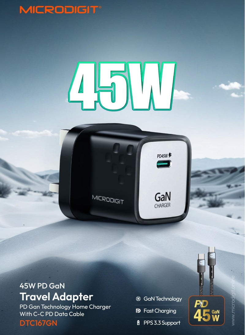 Microdigit DTC167GN - PD Type C port  45W Fast Wall Charger + Type C To Type C 1M Cable With GaN Technology and PPS 3.3 Support. Black - Image 1