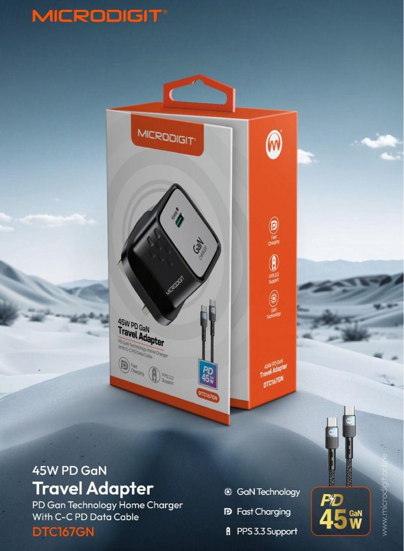 Microdigit DTC167GN - PD Type C port  45W Fast Wall Charger + Type C To Type C 1M Cable With GaN Technology and PPS 3.3 Support. Black - Image 2