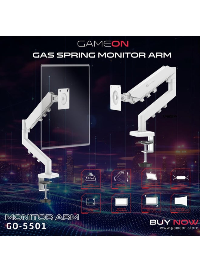 GAMEON GO-5501 Gas Spring Monitor Arm Fits 17" to 32" Screens, 2-9kg Capacity, Curved/Flat Monitors, Adjustable Height & Tilt, 360° VESA Rotation, Desk Clamp/Grommet Mount white - Image 2