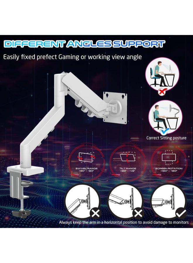 GAMEON GO-5501 Gas Spring Monitor Arm Fits 17" to 32" Screens, 2-9kg Capacity, Curved/Flat Monitors, Adjustable Height & Tilt, 360° VESA Rotation, Desk Clamp/Grommet Mount white - Image 5
