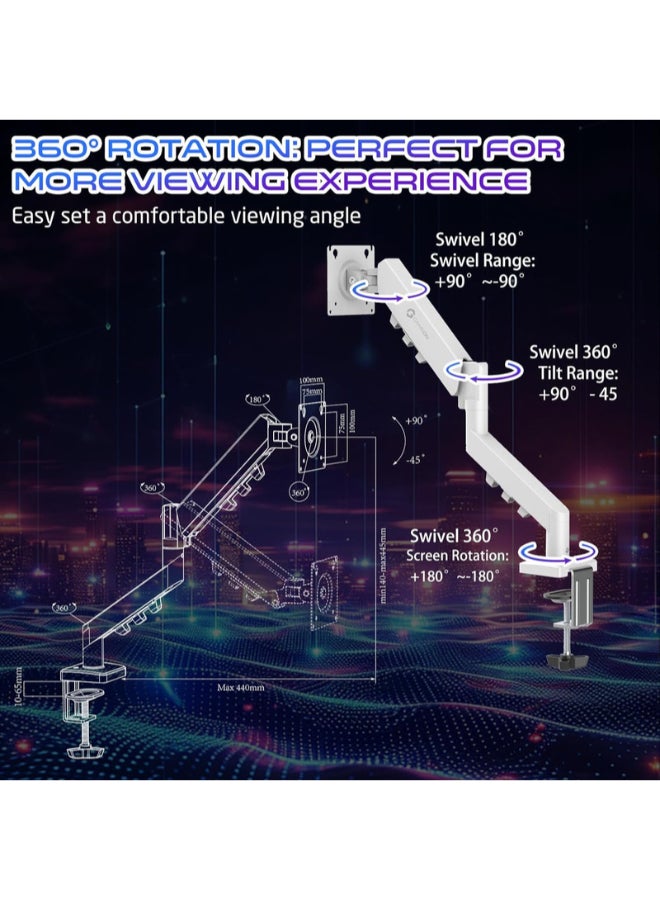 GAMEON GO-5501 Gas Spring Monitor Arm Fits 17" to 32" Screens, 2-9kg Capacity, Curved/Flat Monitors, Adjustable Height & Tilt, 360° VESA Rotation, Desk Clamp/Grommet Mount white - Image 3