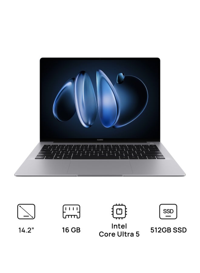 هواوي لابتوب ميت بوك 14 بشاشة OLED بحجم 14.2 بوصة بدقة 2.8K (2880x1920)، مع معالج كور ألترا 5-125H/ذاكرة RAM سعة 16GB DDR5/قرص SSD سعة 512GB/نظام DOS (بدون ويندوز)/رسوميات إنتل HD - Image 1