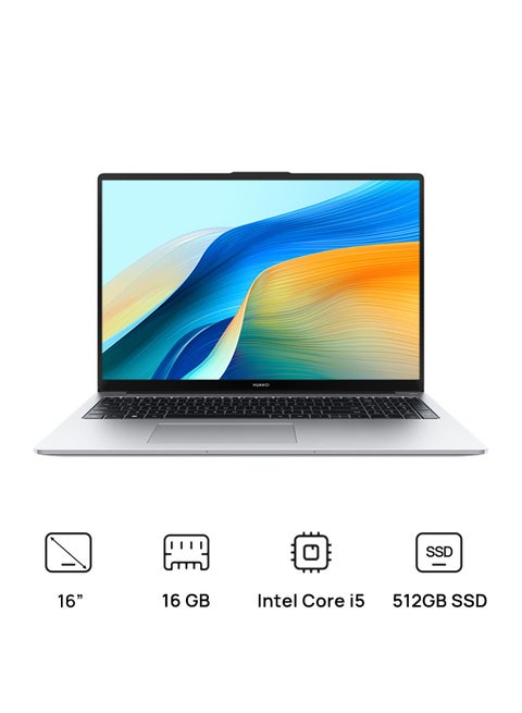 لابتوب ميت بوك D16 بشاشة 16 بوصة بدقة Full HD (1920x1080)، مع معالج Core i5-12450H/ذاكرة RAM سعة 16GB DDR5/قرص SSD سعة 512GB/نظام DOS (بدون ويندوز)/رسوميات إنتل HD