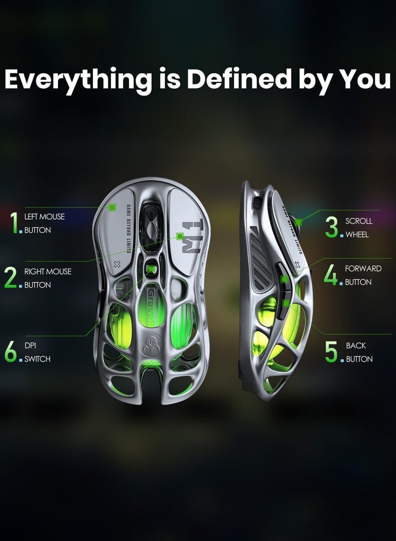 جرافا ستار ماوس الألعاب اللاسلكي ميركوري M1 برو رمادي معدني، مستشعر PAW3395، عمر بطارية 200/146 ساعة، تسارع أقصى 650 IPS، حساسية عالية الدقة 26000 DPI. - Image 4