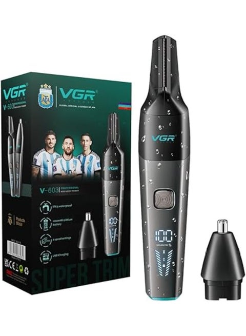 V-603 Professional Nose and Body Trimmer, 1200mAh Battery, 2 Speed Settings, IPX5 Waterproof, LED Display, Black