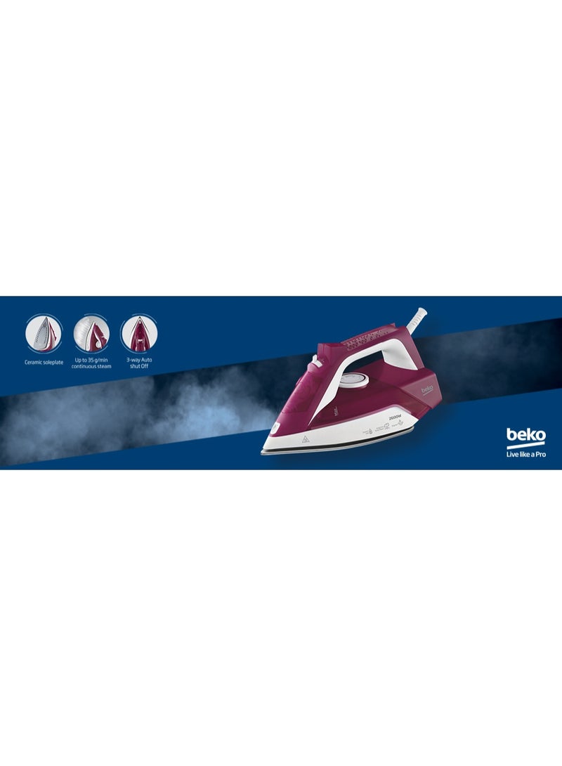 بيكو Steam Iron 2600 W Ceramic Coated Soleplate With Steam Pools Auto Shut Off Assorted Colors 240 ml 2600 W SIM 3126 R Maroon - Image 2