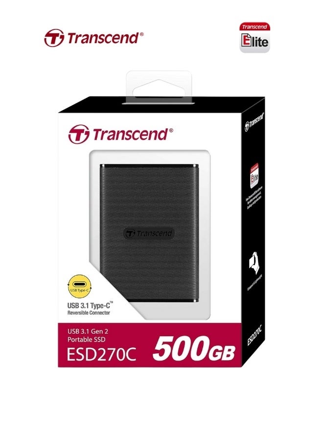 Transcend ESD270C Portable 500GB External SSD USB 3.1 Gen 2 | Compact Design | 10Gbps Speed |Solid State Drive for PS5 Xbox Laptop Desktop Iphone 15,16,17 Android Smartphones 500 GB - Image 1