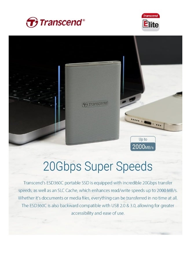 Transcend ESD360C Portable 2TB External SSD USB 3.2 Gen 2x2 |20Gbps Speed | Compact Design Solid State Drive for PS5 Xbox Laptop Desktop Iphone 15,16,17 Android Smartphones 2 TB - Image 2