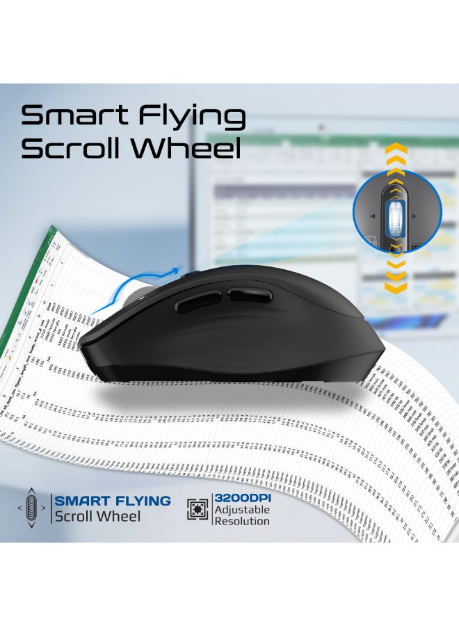 PROMATE SamoTri Rechargeable Wireless Mouse, Tri-Mode, Dual BT 5.0 + 2.4GHz, Smart Flying Scroll Wheel, 3200 DPI, USB-C Charging, Silent Operation, Mac/Windows/iPad/Android Compatibility - Black - Image 3