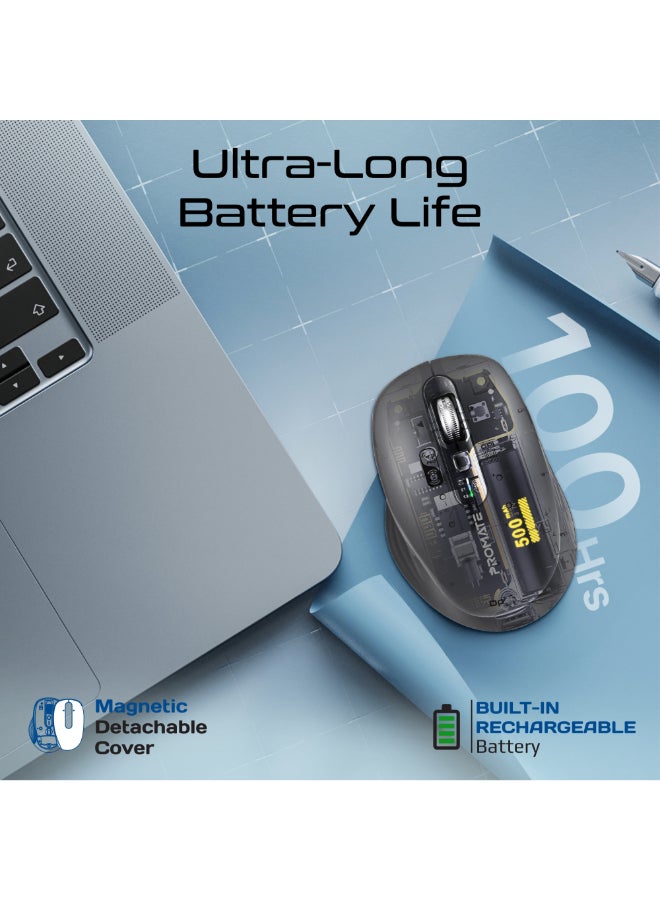 PROMATE SamoTri Rechargeable Wireless Mouse, Tri-Mode, Dual BT 5.0 + 2.4GHz, Smart Flying Scroll Wheel, 3200 DPI, USB-C Charging, Silent Operation, Mac/Windows/iPad/Android Compatibility - Black - Image 5