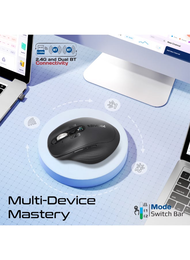 PROMATE SamoTri Rechargeable Wireless Mouse, Tri-Mode, Dual BT 5.0 + 2.4GHz, Smart Flying Scroll Wheel, 3200 DPI, USB-C Charging, Silent Operation, Mac/Windows/iPad/Android Compatibility - Black - Image 2