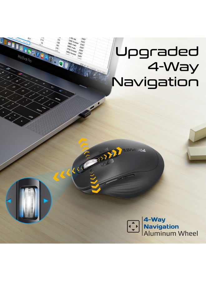PROMATE SamoTri Rechargeable Wireless Mouse, Tri-Mode, Dual BT 5.0 + 2.4GHz, Smart Flying Scroll Wheel, 3200 DPI, USB-C Charging, Silent Operation, Mac/Windows/iPad/Android Compatibility - Black - Image 4