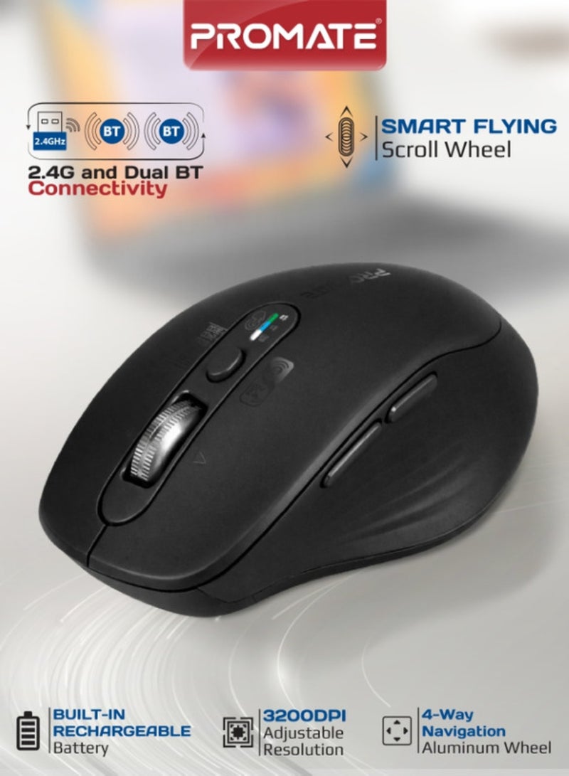 PROMATE SamoTri Rechargeable Wireless Mouse, Tri-Mode, Dual BT 5.0 + 2.4GHz, Smart Flying Scroll Wheel, 3200 DPI, USB-C Charging, Silent Operation, Mac/Windows/iPad/Android Compatibility - Black - Image 1