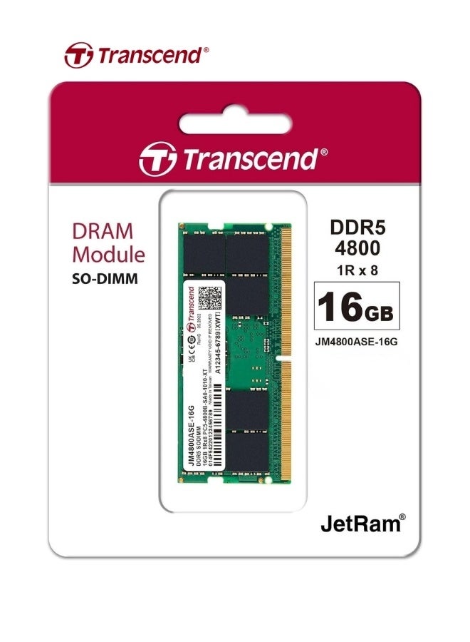 Transcend JetRam 16GB DDR5-4800 Unbuffered SO-DIMM RAM | CL40, 262 Pins, 1.1V  for Laptop/Notebook Memory| JM4800ASE-16G 2.5inch green - Image 1
