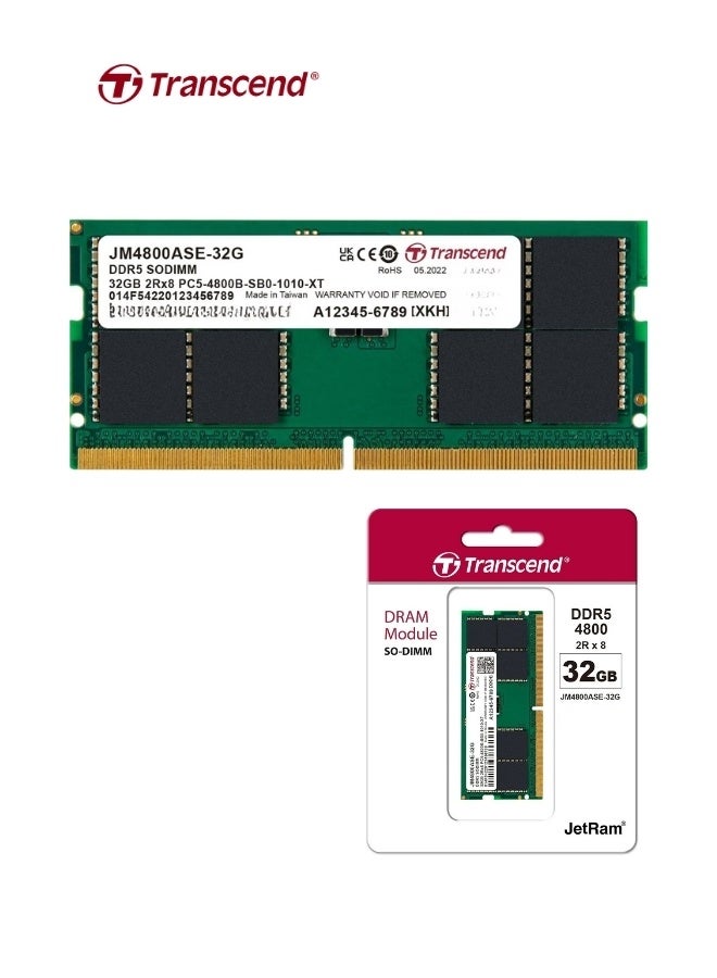 Transcend JetRam 32GB DDR5-4800 Unbuffered SO-DIMM RAM | CL40, 262 Pins, 1.1V  for Laptop/Notebook Memory| JM4800ASE-32G 2.5inch green - Image 1