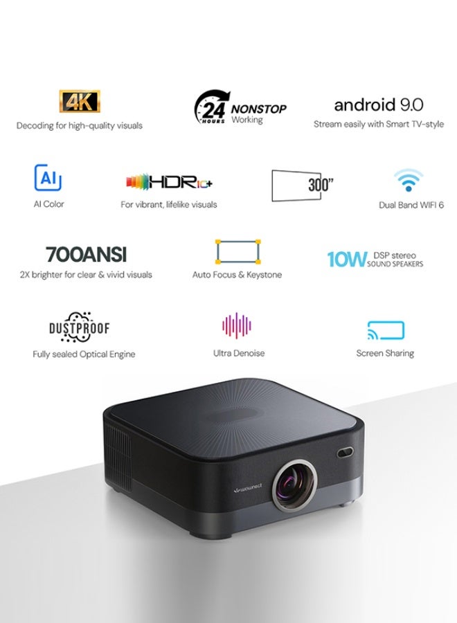 Wownect H24 Max Smart Projector, 700 ANSI Lumens 1080P Full HD, 4K Support, Auto Focus & Keystone, 24H Nonstop Use, Android Projector with WiFi 6 Bluetooth 5.1, Dustproof 300" Display PROJ-WO-114-AN Black - Image 2
