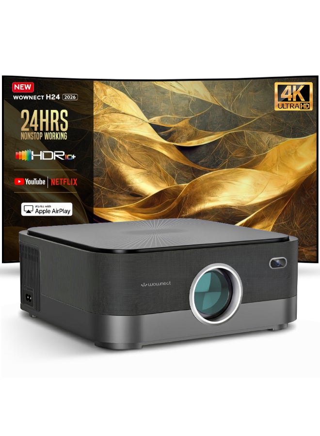 H24 Max Smart Projector, 700 ANSI Lumens 1080P Full HD, 4K Support, Auto Focus & Keystone, 24H Nonstop Use, Android Projector with WiFi 6 Bluetooth 5.1, Dustproof 300" Display PROJ-WO-114-AN Black