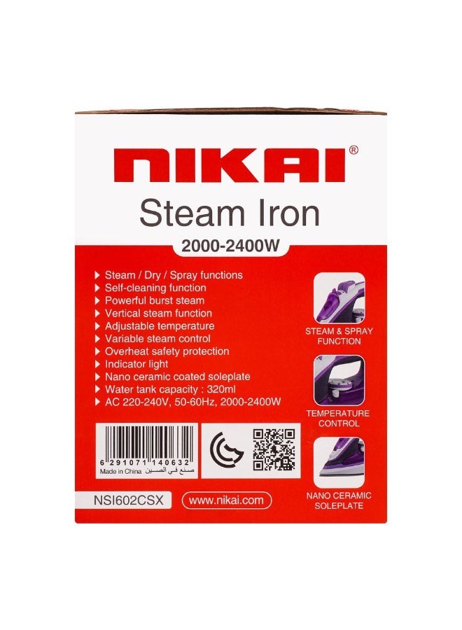 نيكاي 2400W Iron With Multiple Functions Steam Dry Spray Nano Ceramic Soleplate Variable Steam Control Overheat Protection Adjustable Temperature Indicator Light Water Tank 320 ml 2400 W NSI-602CSX Multicolor - Image 4