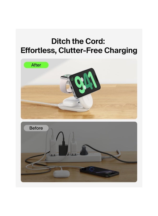 belkin UltraCharge Pro 3-in-1 Foldable MagSafe Wireless Charging Dock | Qi2 25W Fast Charger for iPhone 17/16/15/14/13, Apple Watch & AirPods, with 45W USB-C Power Supply & Cable - Round Form / White - Image 5