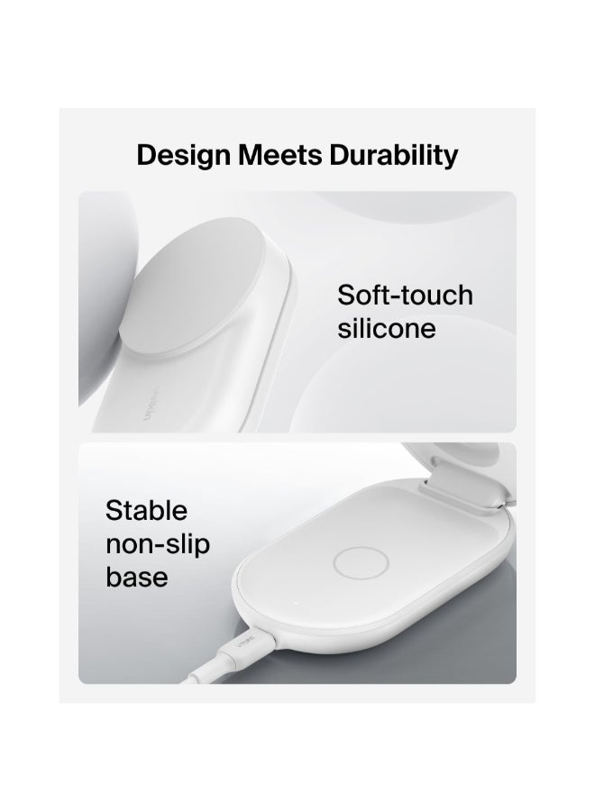 belkin UltraCharge Pro 3-in-1 Foldable MagSafe Wireless Charging Dock | Qi2 25W Fast Charger for iPhone 17/16/15/14/13, Apple Watch & AirPods, with 45W USB-C Power Supply & Cable - Round Form / White - Image 4