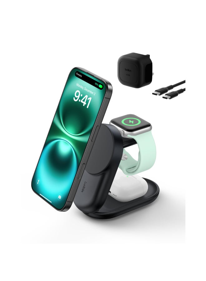 بيلكين دوك شحن لاسلكي قابل للطي UltraCharge Pro 3 في 1 مع MagSafe | شاحن سريع Qi2 بقوة 25 واط لهواتف iPhone 17/16/15/14/13، ساعة آبل و AirPods، مع مزود طاقة USB-C بقوة 45 واط وكابل - شكل دائري - Image 1