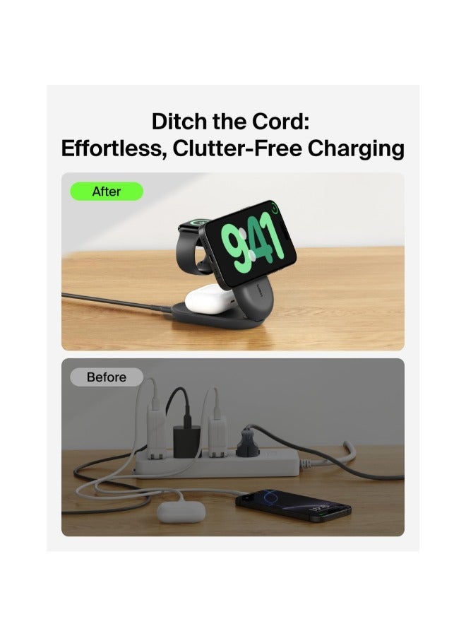 بيلكين دوك شحن لاسلكي قابل للطي UltraCharge Pro 3 في 1 مع MagSafe | شاحن سريع Qi2 بقوة 25 واط لهواتف iPhone 17/16/15/14/13، ساعة آبل و AirPods، مع مزود طاقة USB-C بقوة 45 واط وكابل - شكل دائري - Image 3