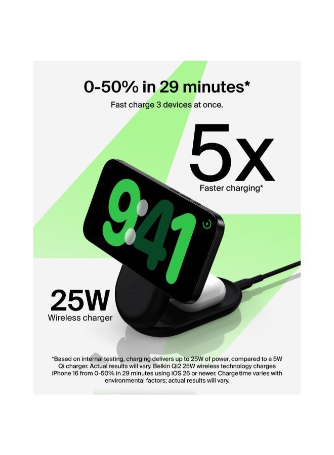 بيلكين دوك شحن لاسلكي قابل للطي UltraCharge Pro 3 في 1 مع MagSafe | شاحن سريع Qi2 بقوة 25 واط لهواتف iPhone 17/16/15/14/13، ساعة آبل و AirPods، مع مزود طاقة USB-C بقوة 45 واط وكابل - شكل دائري - Image 2