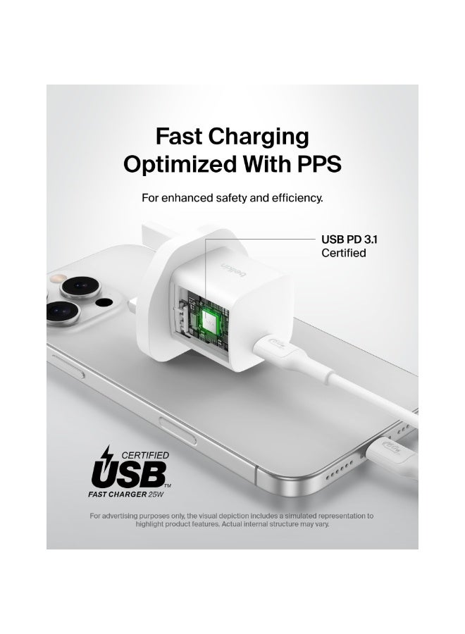 بيلكين شاحن حائط BoostCharge 25W USB-C سريع بالمملكة المتحدة 3 دبابيس مع PD 3.0 / PPS + كابل USB-C إلى USB-C بطول 1م | محول طاقة مدمج لهواتف iPhone وSamsung وiPad وAirpods وأجهزة USB-C - أبيض - Image 4