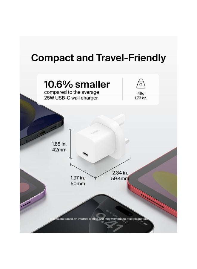 بيلكين شاحن حائط BoostCharge 25W USB-C سريع بالمملكة المتحدة 3 دبابيس مع PD 3.0 / PPS + كابل USB-C إلى USB-C بطول 1م | محول طاقة مدمج لهواتف iPhone وSamsung وiPad وAirpods وأجهزة USB-C - أبيض - Image 2