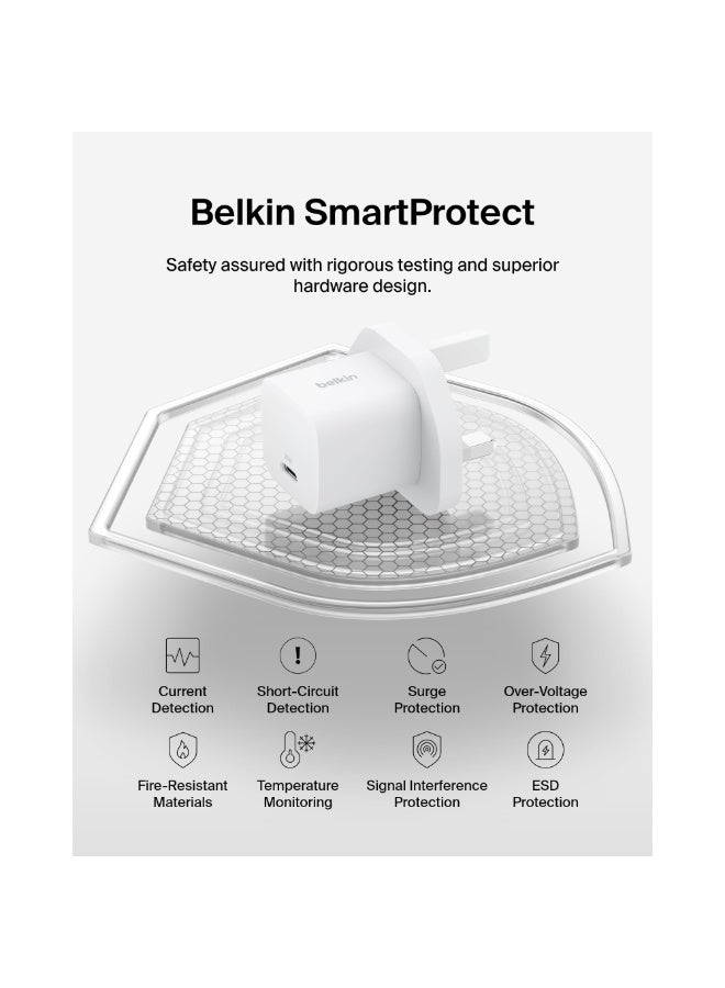 بيلكين شاحن حائط BoostCharge 25W USB-C سريع بالمملكة المتحدة 3 دبابيس مع PD 3.0 / PPS + كابل USB-C إلى USB-C بطول 1م | محول طاقة مدمج لهواتف iPhone وSamsung وiPad وAirpods وأجهزة USB-C - أبيض - Image 5