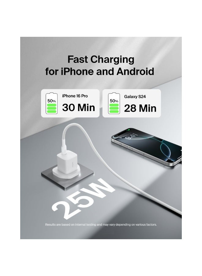 بيلكين شاحن حائط BoostCharge 25W USB-C سريع بالمملكة المتحدة 3 دبابيس مع PD 3.0 / PPS + كابل USB-C إلى USB-C بطول 1م | محول طاقة مدمج لهواتف iPhone وSamsung وiPad وAirpods وأجهزة USB-C - أبيض - Image 3