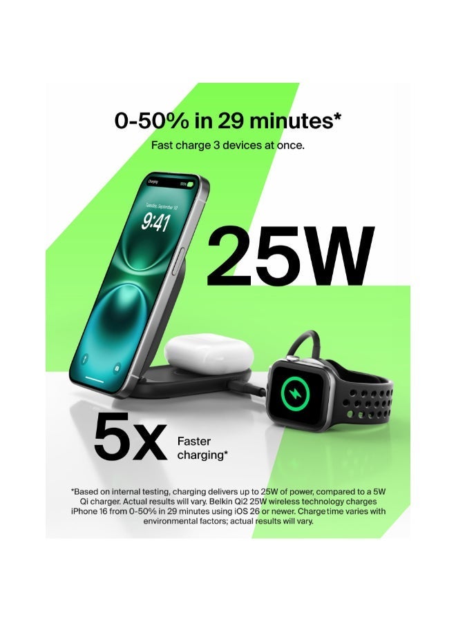 بيلكين دوك شحن لاسلكي قابل للطي UltraCharge Pro 3 في 1 مع MagSafe | شاحن سريع Qi2 بقوة 25 واط لهواتف iPhone 17/16/15/14/13 وساعة آبل وAirPods، مع مزود طاقة USB-C بقوة 45 واط وكابل - شكل مربع - Image 2